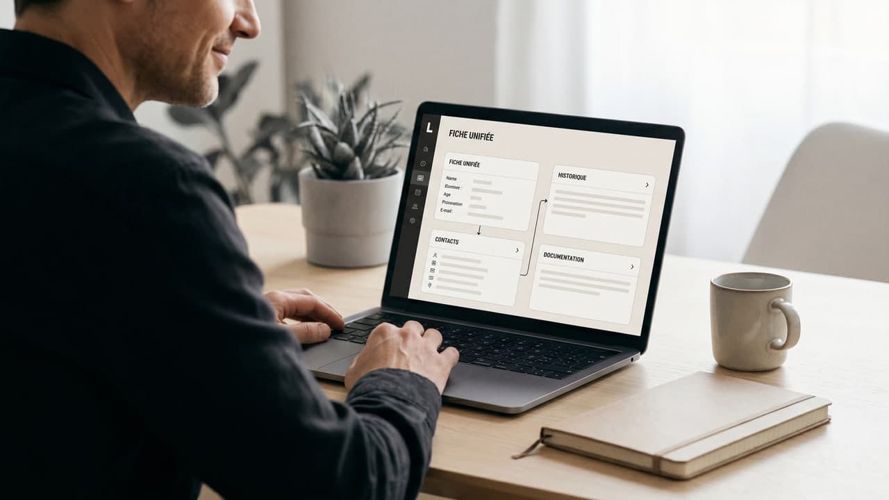 Responsable d'une PME consultant une vue client unifiée alimentée par ses outils connectés