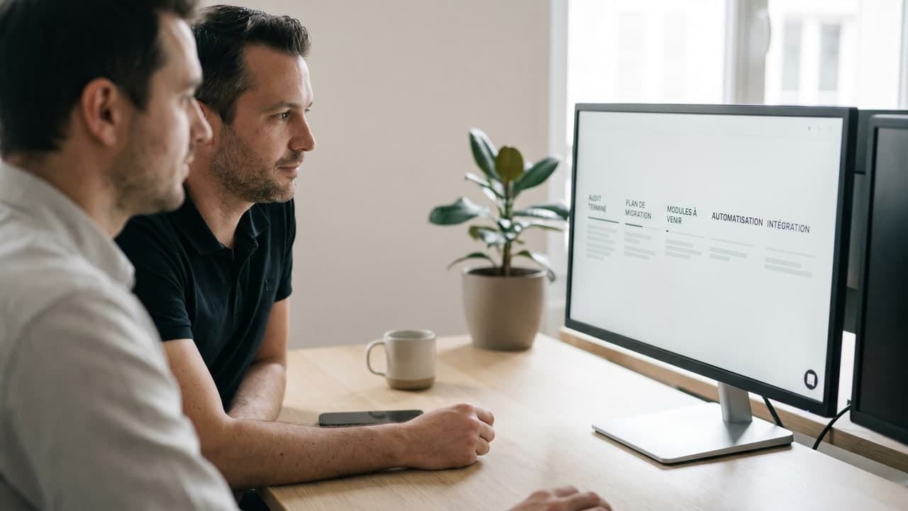 Équipe d'une PME qui fait évoluer ses outils internes étape par étape, sans interrompre l'activité