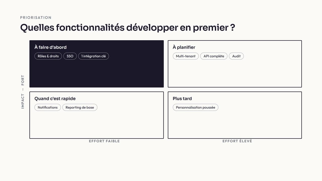 Matrice de priorisation des fonctionnalités SaaS B2B selon leur impact et leur effort de développement