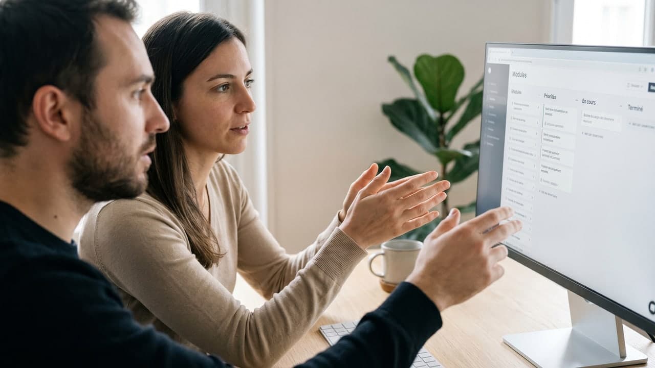 Équipe produit d'une PME passant en revue les fonctionnalités de son SaaS B2B sur un écran