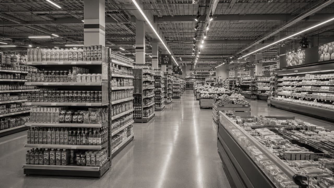 Intérieur d'un magasin de retail : rayons et espace de vente