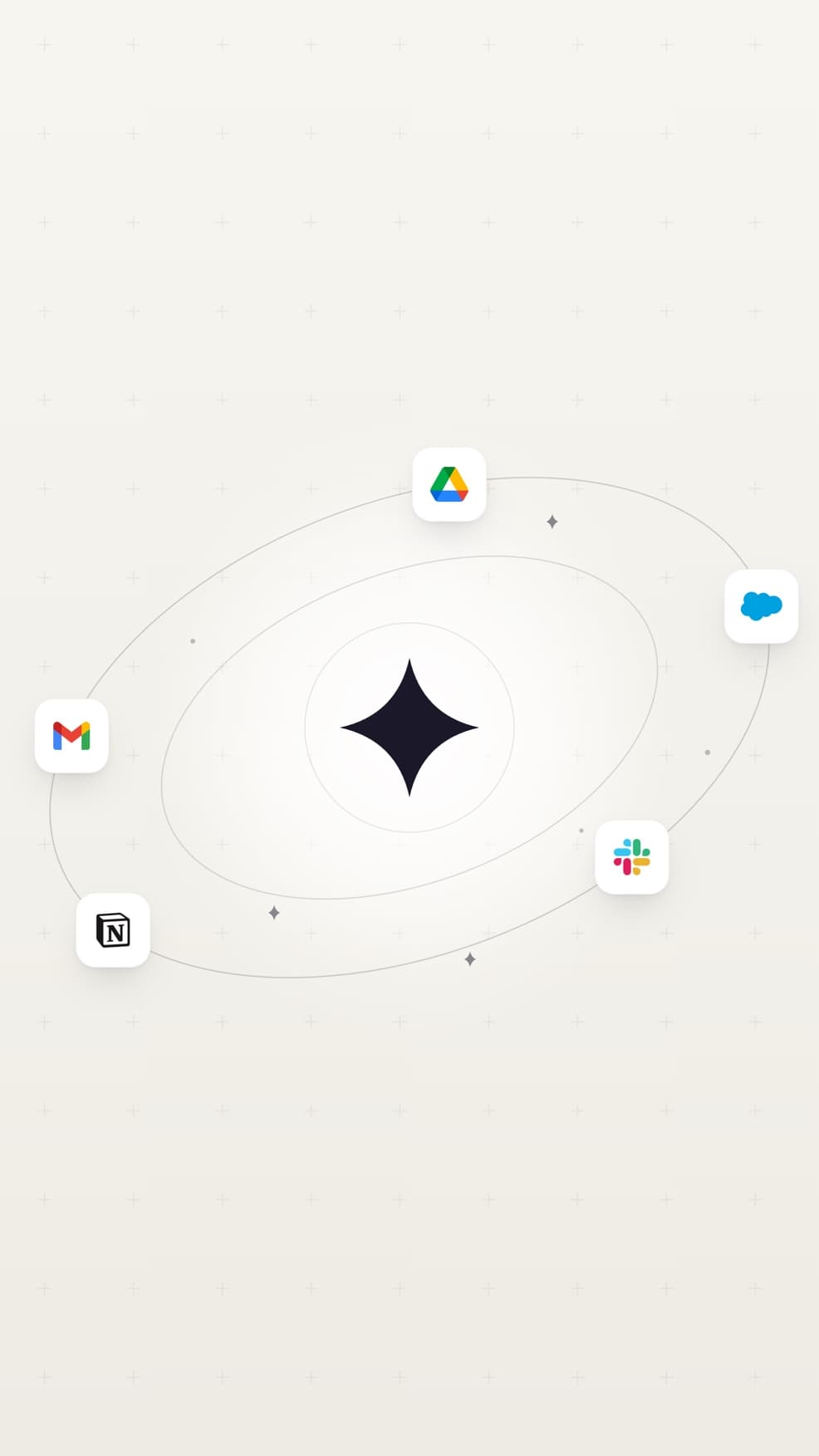 Agent IA Leveria au centre d'une constellation orchestrant Gmail, Google Drive, Salesforce, Slack et Notion.
