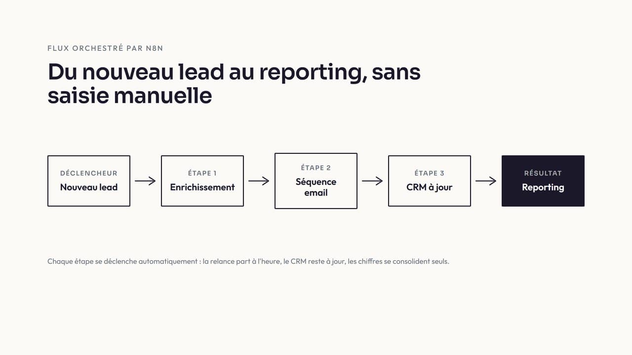 Schéma d'un flux d'automatisation marketing : du nouveau lead au reporting, orchestré par n8n