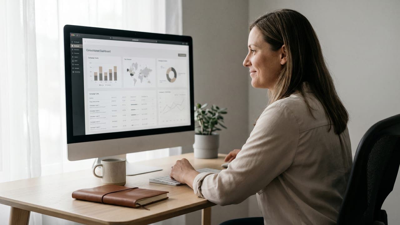 Une responsable marketing de PME pilote ses campagnes depuis un tableau de bord consolidé