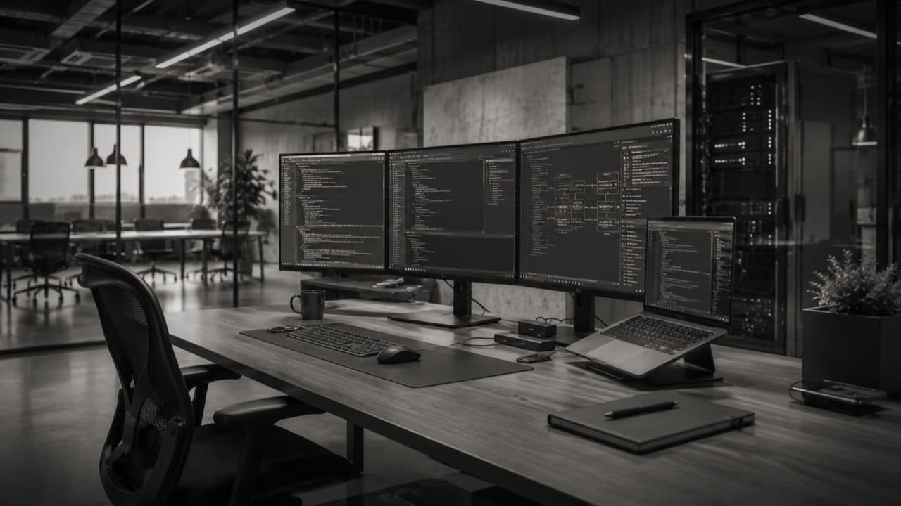 Poste de développement d'un éditeur de logiciels, code affiché sur plusieurs écrans